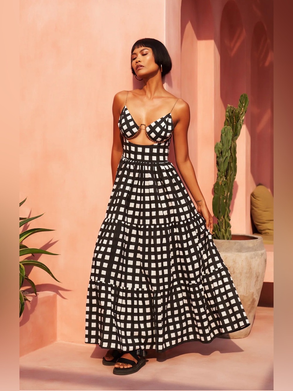 MO MAYA Luna Underwire Cut Out Sleeveless Maxi Dress Black Gingham Size M/L